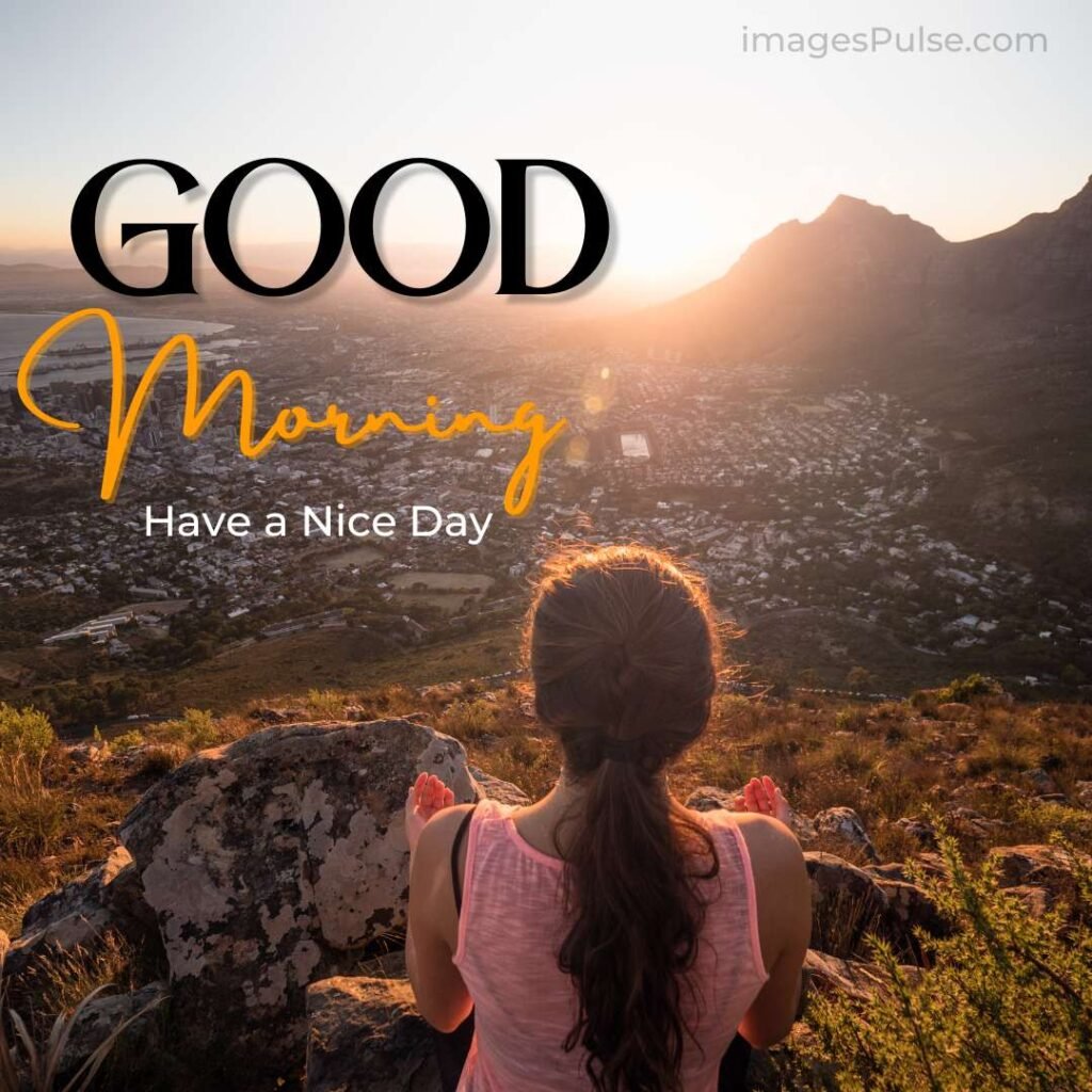 Girl in Good Morning Yoga Position on mount in early morning with beautiful sun light