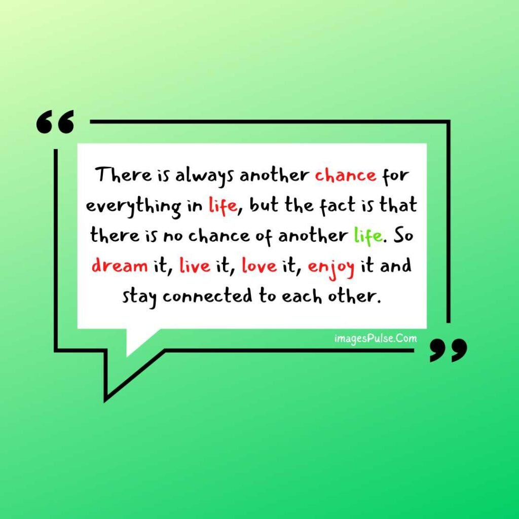 There is always another chance for everything in life, but the fact is that there is no chance of another life. So dream it, live it, love it, enjoy it and stay connected t
