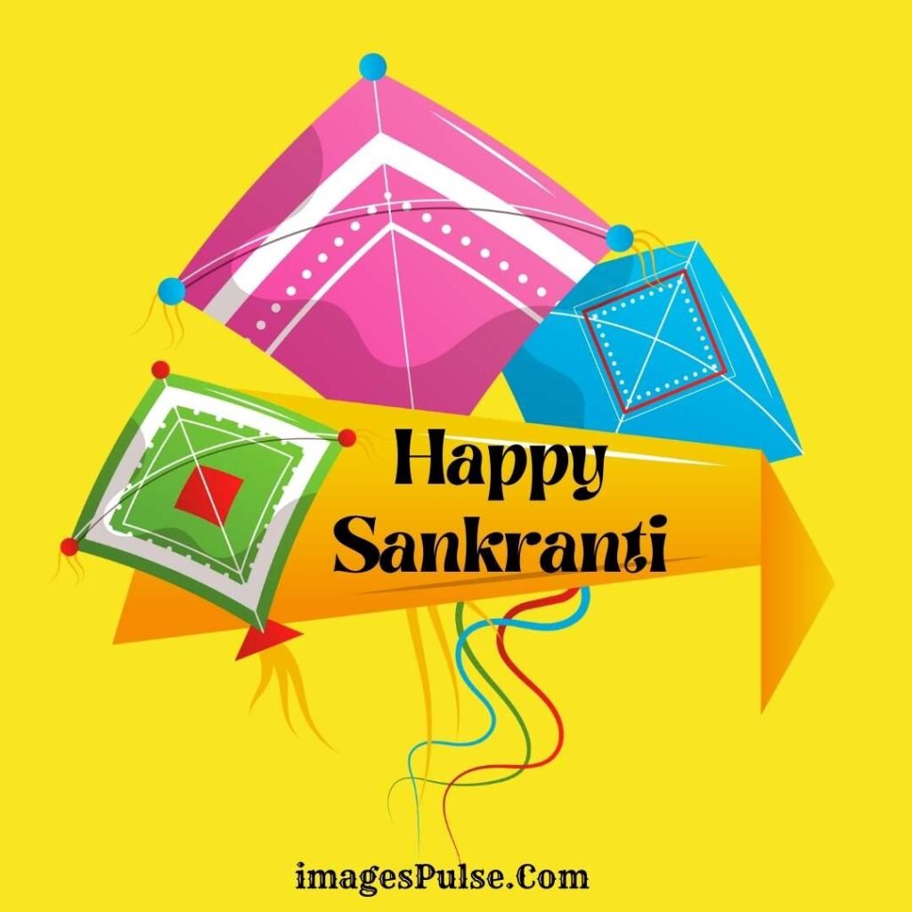 Three Colorful Kites Fly in Yellow Background Wish You Happy Makar Sankranti