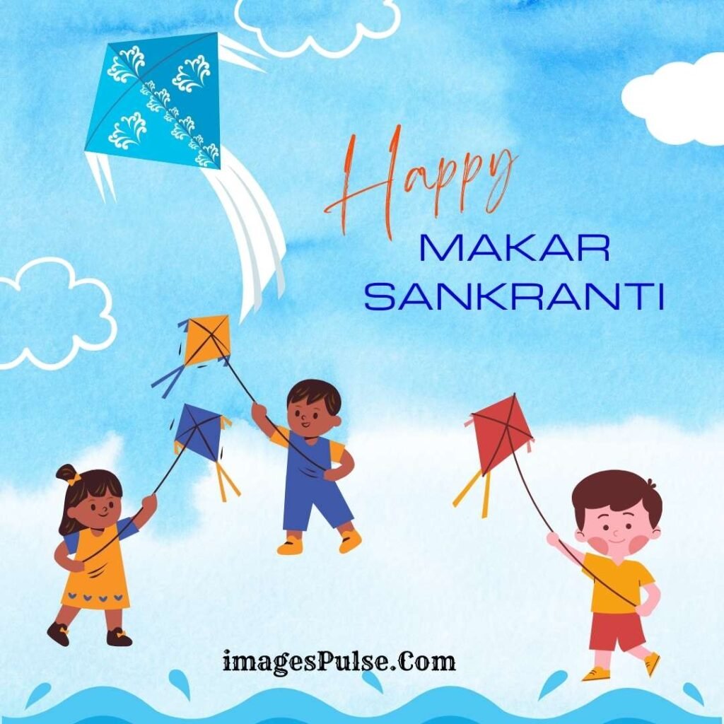 Three Kids Flying Kites in Blue Sky