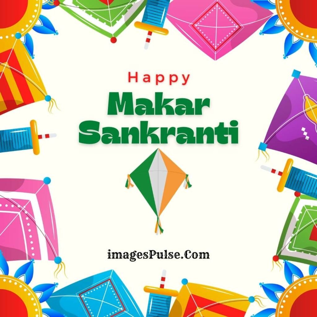 Tricolour Kites With More Color Kites in Circle Haapy Makar Sankranti