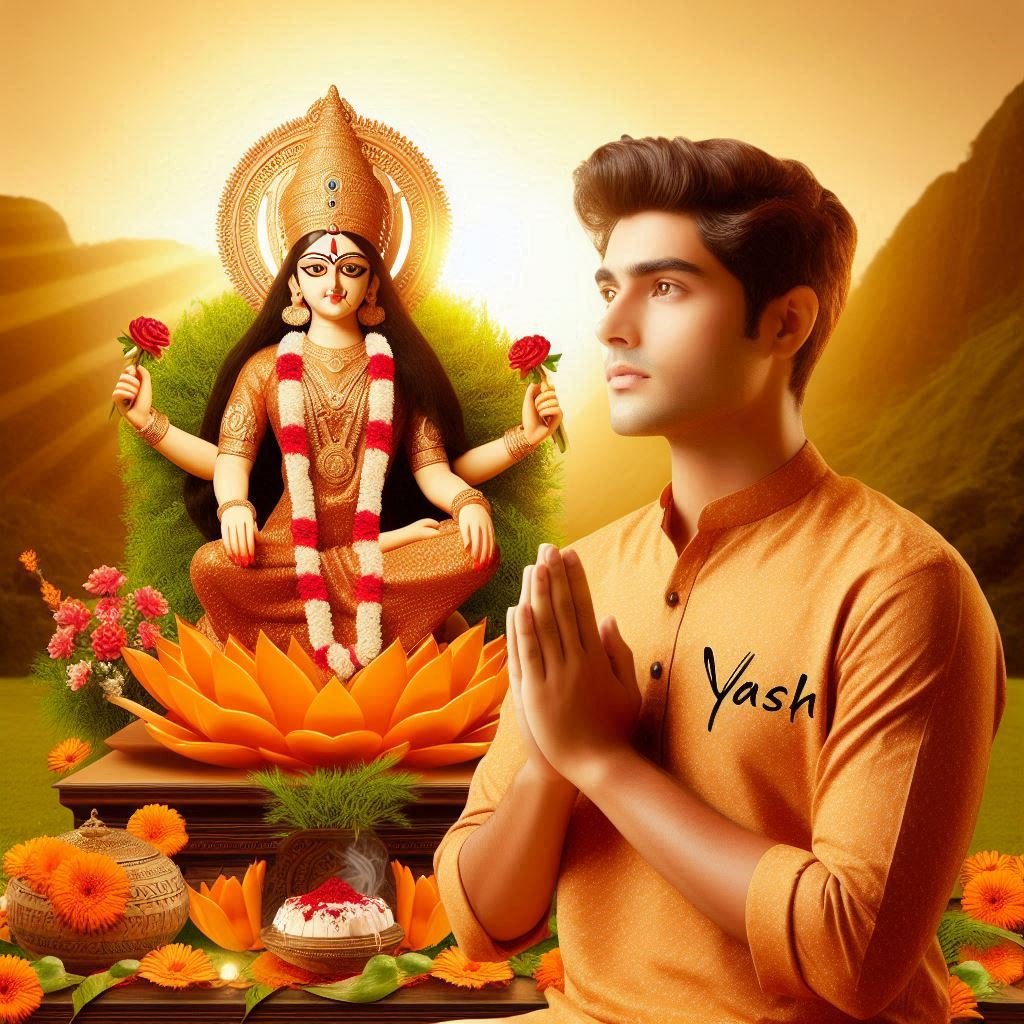 A 20 years old boy, is seated and praying in front of a Maa Durga with flowers and belpata (green leaves). The boy is wearing a saffron kurta on which name "Yash" written clearly , have stylish hair and look very cute, enhancing the spiritual or religious ambiance, background features with hills, sunrise.