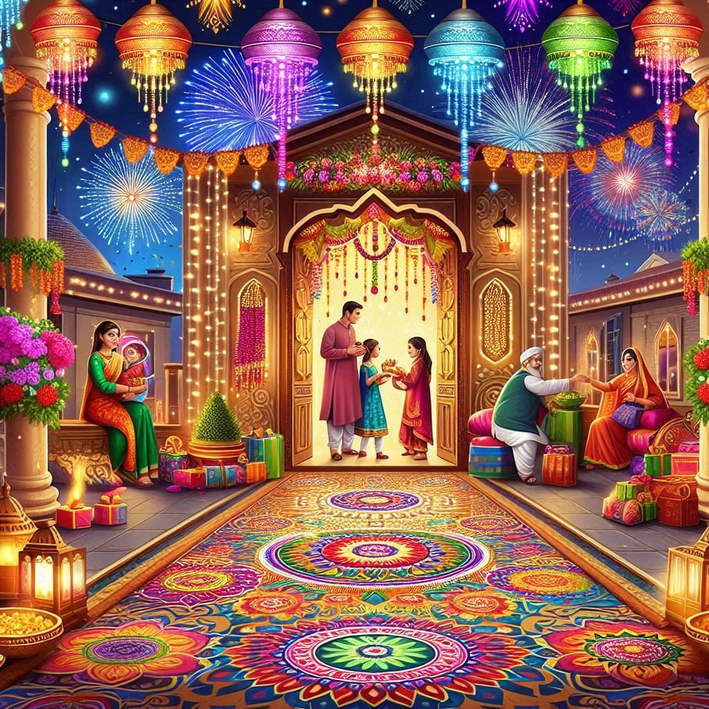 Design a vibrant scene of a grand Diwali celebration with colorful rangoli designs at the entrance of a lavishly decorated home. Include bright, festive lights hanging from the walls, and a family in traditional attire exchanging gifts and sweets. Fireworks should light up the night sky in the background.