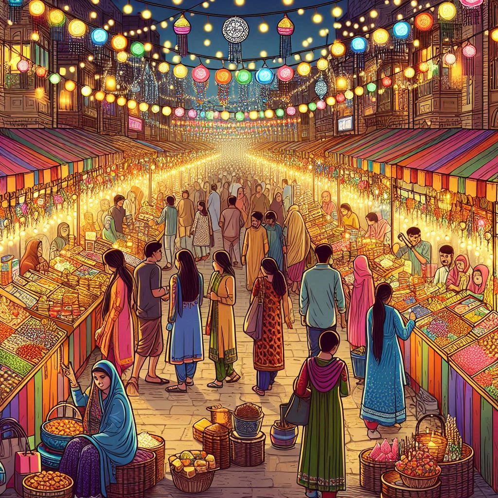 Illustrate a bustling Diwali street market filled with stalls selling colorful decorations, sweets, and lights. Include people shopping and interacting, with the market illuminated by string lights and lanterns.