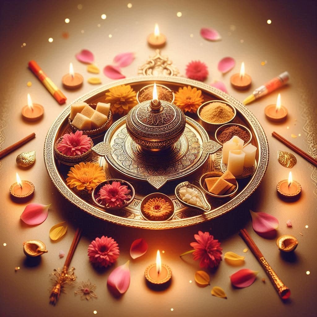 Design an elegant image of a Diwali pooja thali (plate) set up for the ritual. The thali should be adorned with traditional items such as diya lamps, incense sticks, sweets, and flower petals. The background should be softly lit to highlight the thali's intricate details and the significance of the ritual.