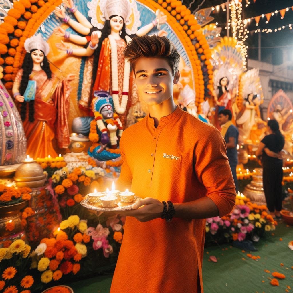 A real 18 year old indian boy celebrating durga puja.He is wearing a orange kurta and dhoti with the name "RAM" clearly written on kurta. He stands near a beautifully adorned Durga idol, surrounded by colorful decorations, flowers and glowing lamps.he is looking so cute, smiles,stylish hair and holding a puja plate with flowers and lighting diyas in one hand, offering them to Maa Durga with devotion. The background features other people participating in the festivities 8k ultra quality image