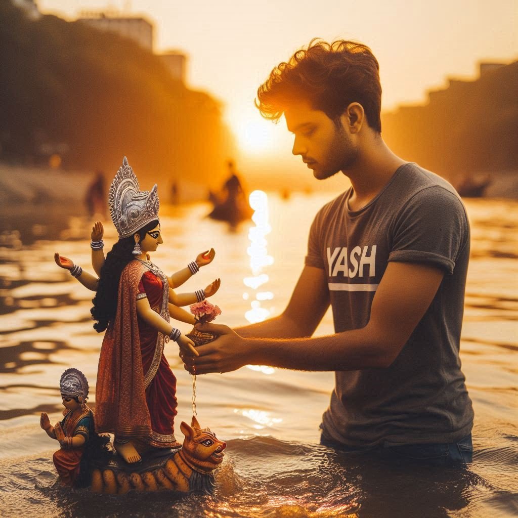 create an image of Yash, a 25-year-old Indian boy, standing by the riverside, participating in the Durga Visarjan (immersion) ceremony. He is wearing a t-shirt with ‘Yash’ printed on it, and is seen gently pushing a small Maa Durga idol into the water, with the sun setting in the background,
