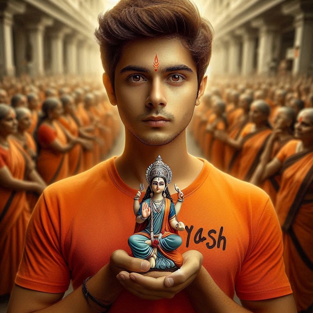 Create a Realistic Picture of A 20 year Old Indian Boy Holding a Small Size Maa Durga statue in his hand. In Public. "YASH" Clearly is written in boy orange Tshirt. Divine. Boy looking so handsome, HDR.