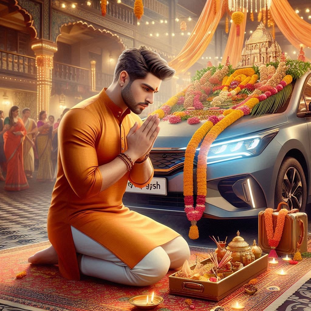 realistic 30-year-old Indian man performing Vishwakarma Puja for his car. man is kneeling in front of his beautifully decorated car, which is adorned with garlands, flowers, and incense offerings. He is wearing a modern saffron color kurta with his name YASH clearly printed on it, while the rest of his attire has a traditional Indian touch. background reflects a festive atmosphere with vibrant decorations, and people are celebrating the occasion in the distance. Hindu Puja