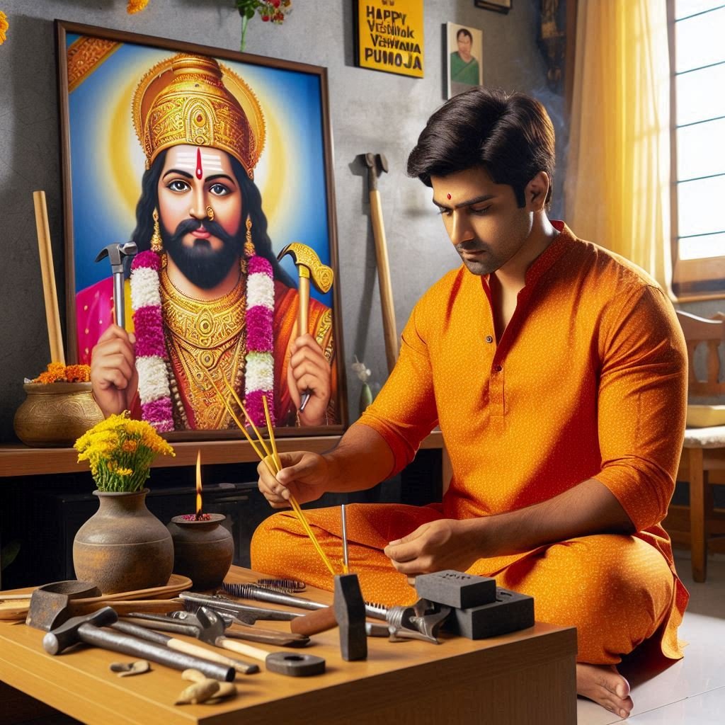 A real 28 years old of Indian man is sitting on the worship room in the house. and the man is holding a incense sticks and worshipped on the lord Vishwakarma. and the table on the lord Vishwakarma photo and hammer, trowel, chisel, tools, wrench,. and the man is wearing a saffron kurta with clearly written a “YASH”. and the worship room in decorated with flowers. and the wall big capital colour full letter written a “HAPPY VISHWAKARMA PUJA”